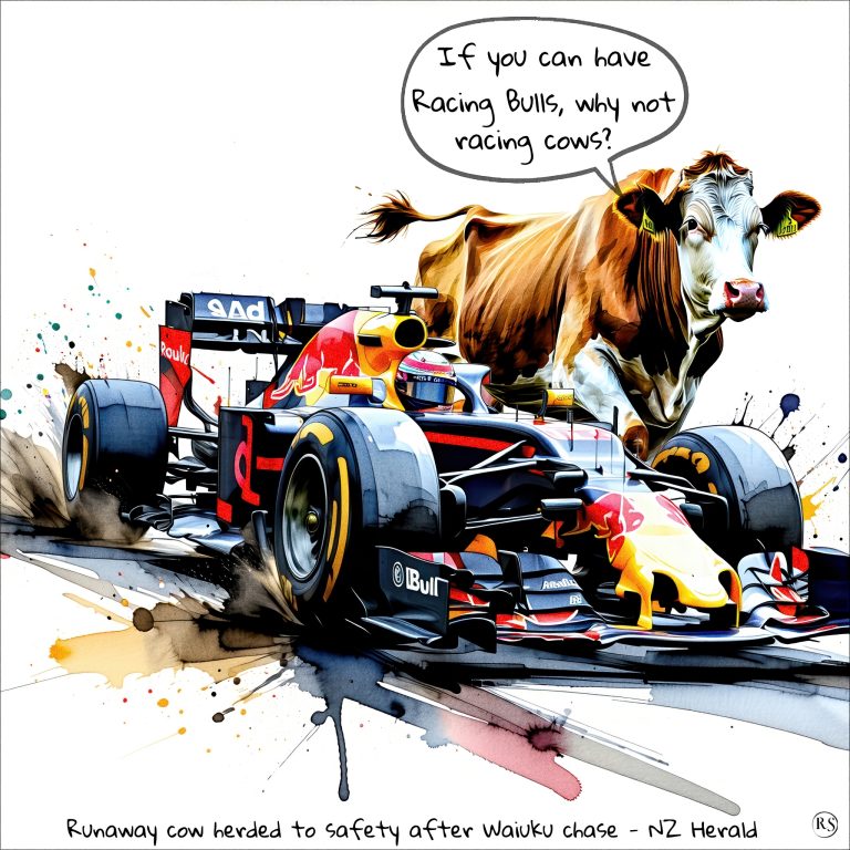 Cartoon: Runaway cow herded to safety