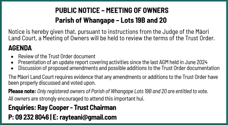 Public Notice – Meeting of owners – Parish of Wangape