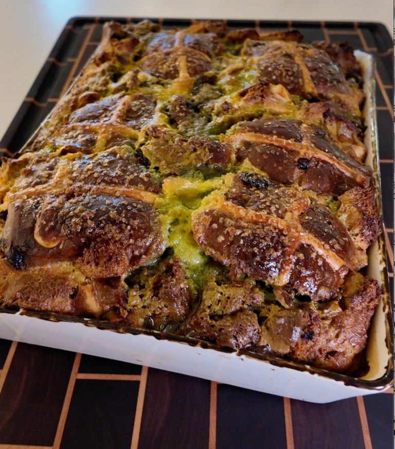 Hot Cross Bun Bread & Butter Pudding with Pistachio Cream (Simon’s Wicked Easter Pudding)